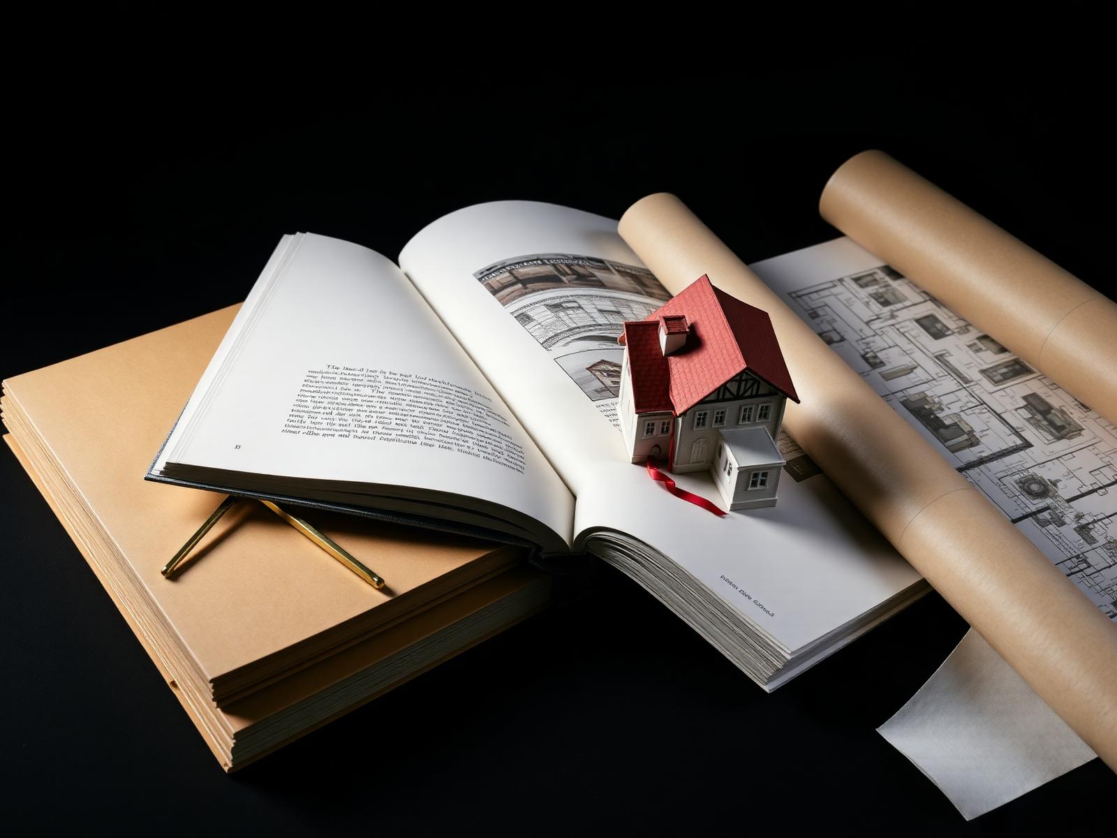 Open architectural reference books, brass drafting compass, rolled blueprints, and a small architectural model on a dark surface